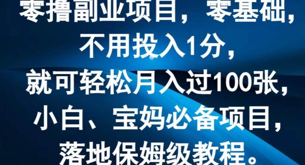 零撸副业项目，零基础，不用投入1分，就可轻松月入过100张，小白、宝妈必备项目