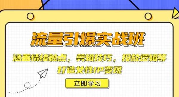 流量引爆实战班，涵盖情绪触点，剪辑技巧，投放逻辑等，打造女性IP变现