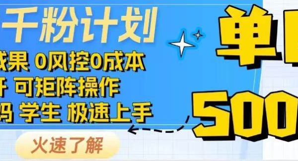 抖音千粉计划，日入500+，包落地，当日拿成果