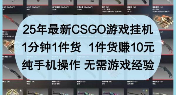 25年最新CSGO游戏挂机，1分钟1件货，1件货赚10元，纯手机操作，无需游戏经验