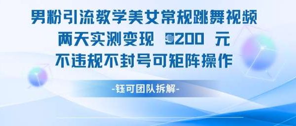 男粉引流教学美女常规跳舞视频两天实测变现1k+，不违规不封号可矩阵操作