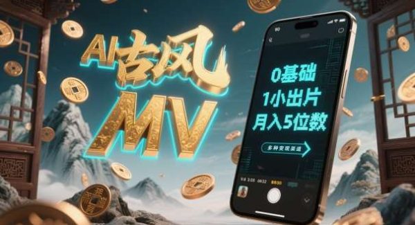 AI一键生成古风音乐MV，0剪辑基础1小时出片，多种变现渠道，一部手机月入5位数