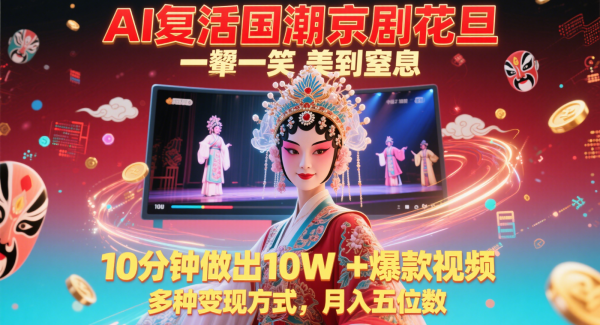 AI复活国潮京剧花旦，一颦一笑美到窒息，10分钟做出10W+爆款视频，多种变现方式