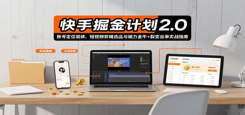 快手掘金计划2.0，账号定位装修、短视频剪辑选品与磁力金牛+裂变出单实战指南