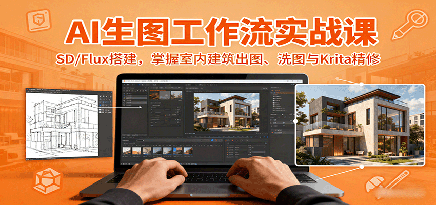 AI生图工作流实战课：SD/Flux搭建，掌握室内建筑出图、洗图与Krita精修