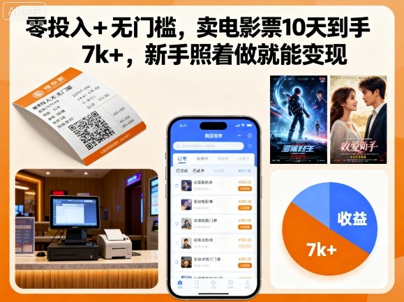 零投入+无门槛，卖电影票10天到手7k+，新手照着做就能变现【揭秘】