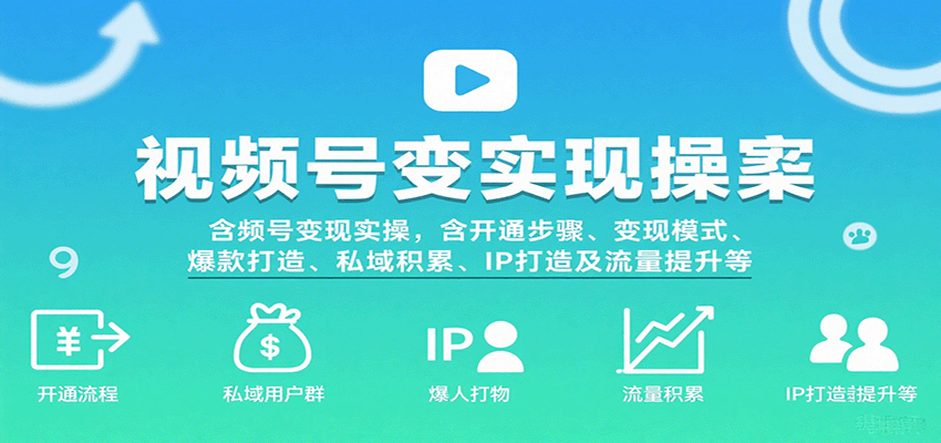 视频号变现实操，含开通步骤、变现模式、爆款打造、私域积累、IP打造及流量提升等