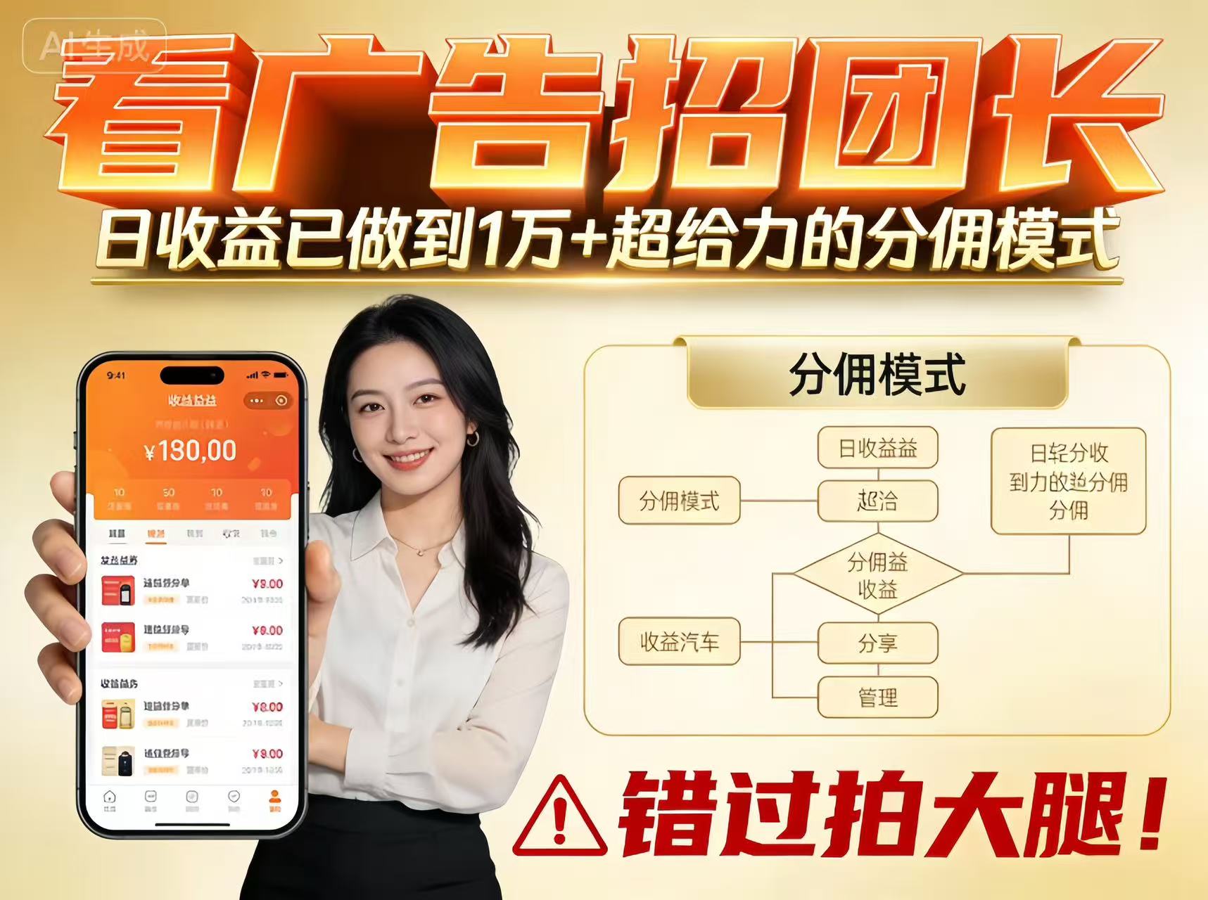 看广告招团长,团队收益已做到日入1万,分佣模式超给力,错过拍大腿